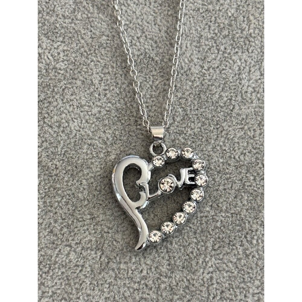 Heart-Shaped "Love" Rhinestone Pendant Necklace With Silver-Tone Chain